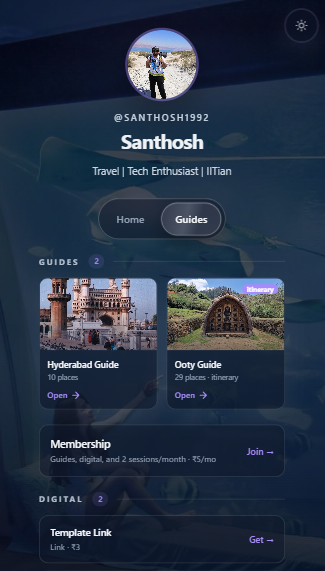 Creator profile with travel guides, membership, and digital products