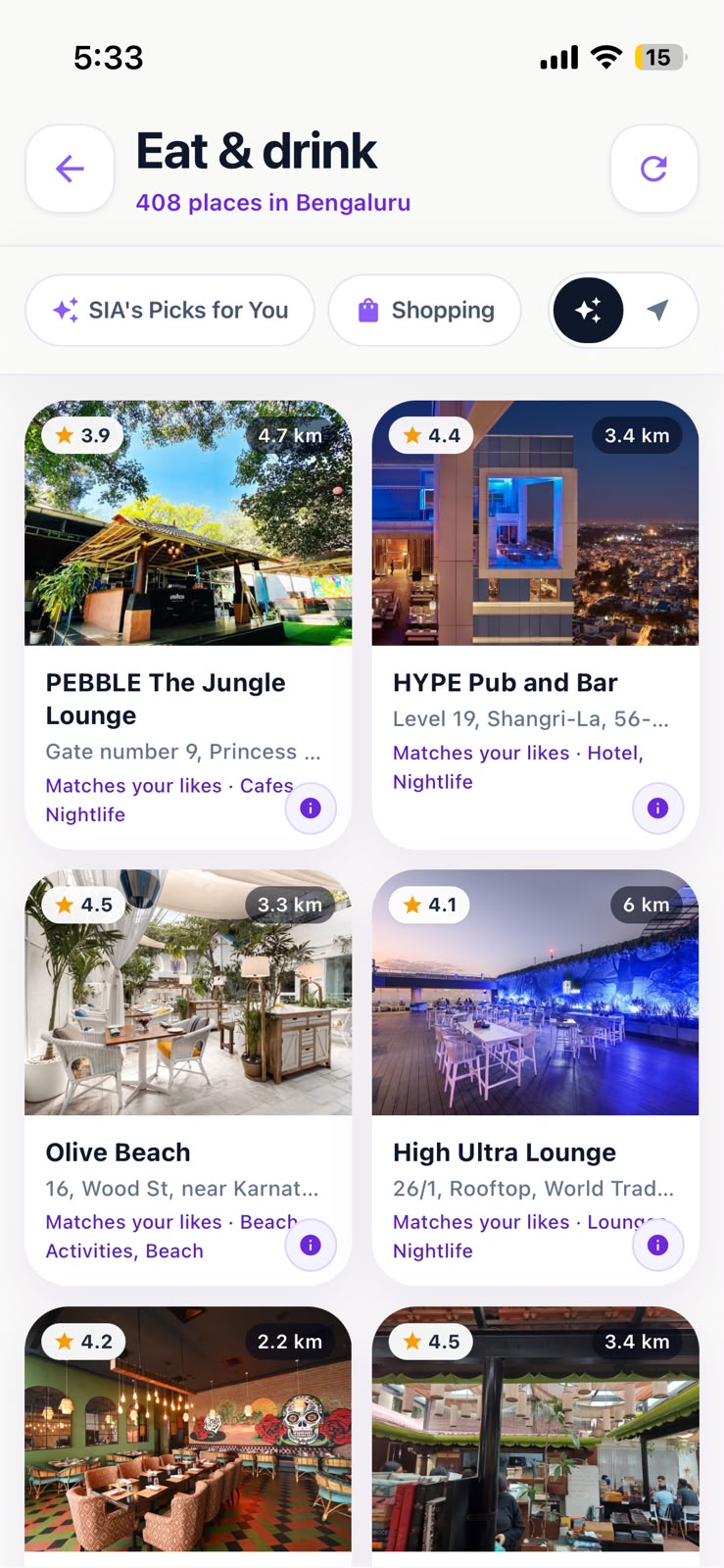 SuperAI Eat and drink screen with cafés and restaurants in Bengaluru
