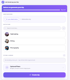 SuperAI trip setup screen with destination and activity choices