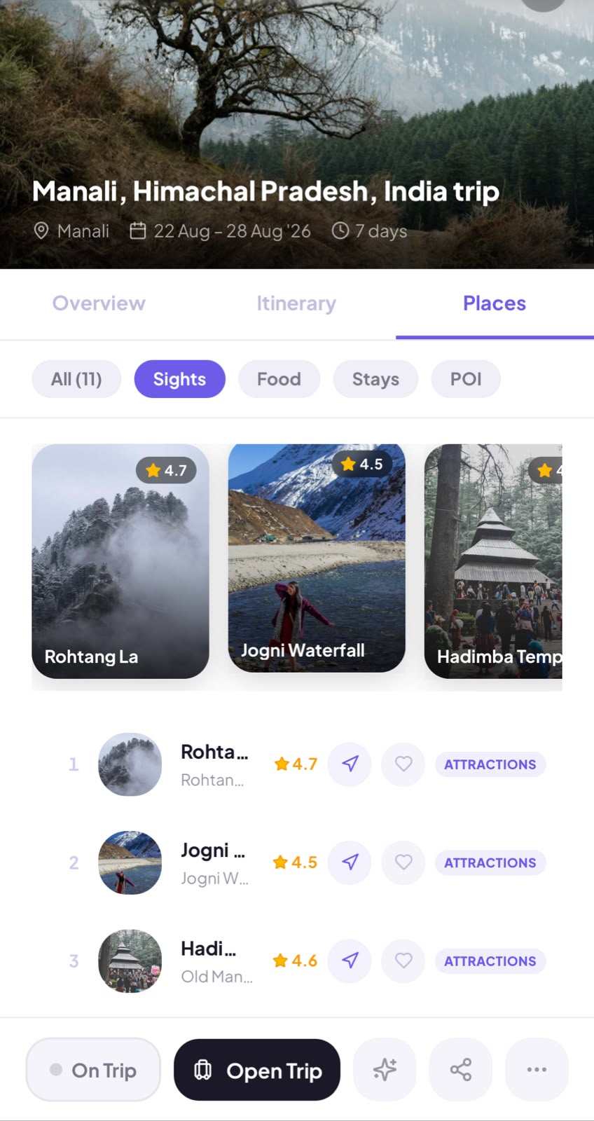 SuperAI places screen for a Manali trip with sights, food, and stays